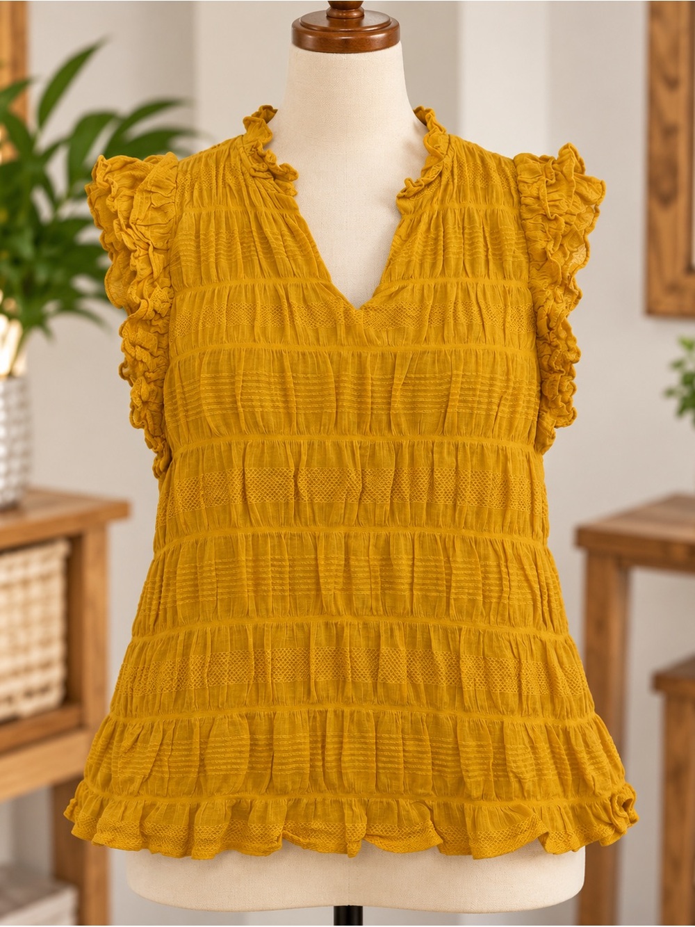 Umgee Mustard Textured Ruffle Sleeve V-Neck Top